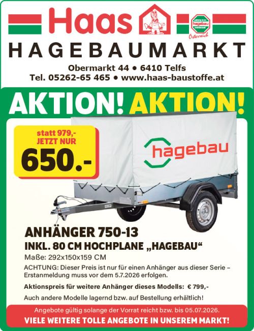 Aktion für Anhänger 750-13 inkl. 80 cm Hochplane mit Hagebau Beschriftung statt € 979 nur € 650
